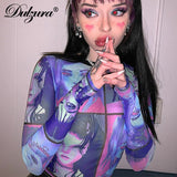 mesh sheer women t shirt crop top Anime print long sleeve gloves patchwork bodycon sexy  summer clothes party club