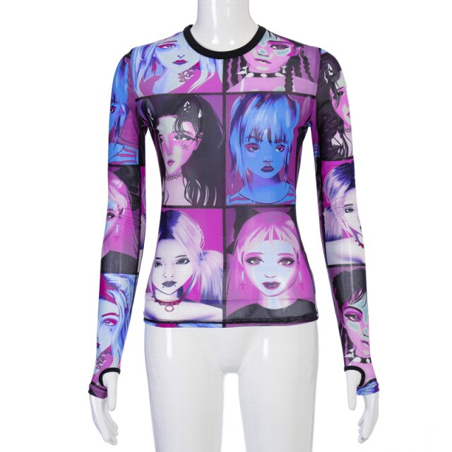 mesh sheer women t shirt crop top Anime print long sleeve gloves patchwork bodycon sexy  summer clothes party club