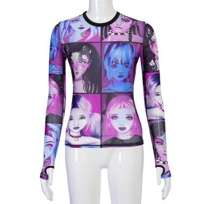 mesh sheer women t shirt crop top Anime print long sleeve gloves patchwork bodycon sexy  summer clothes party club