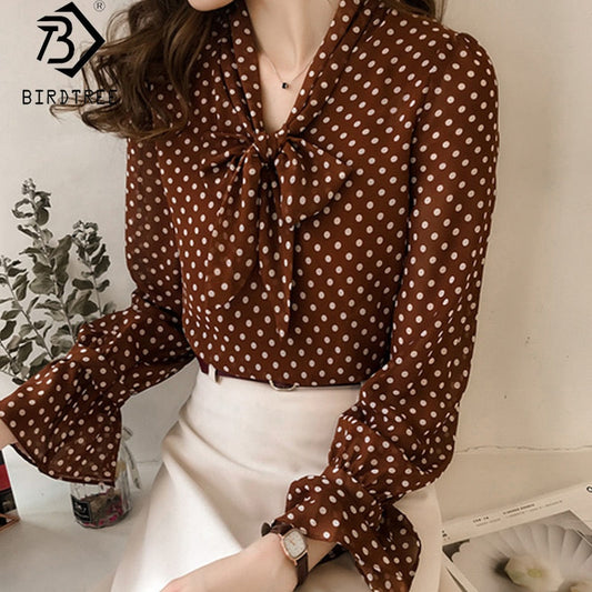 xakxx Women Vintage Polka Dot Blouses Female Blouse Tops   Spring Long Sleeve Casual Chiffon Shirt Loose Plus Size 4XL T9N508M