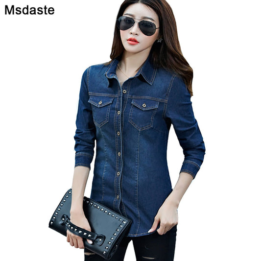 Jeans Shirt women  Long Sleeve Slim Casual Vintage Elastic Ladies Denim Shirts Tops Blusas Feminina Woman Blouses and Tops