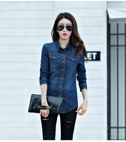 Jeans Shirt women  Long Sleeve Slim Casual Vintage Elastic Ladies Denim Shirts Tops Blusas Feminina Woman Blouses and Tops