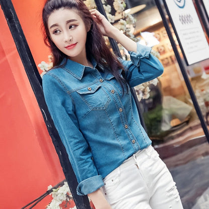 Jeans Shirt women  Long Sleeve Slim Casual Vintage Elastic Ladies Denim Shirts Tops Blusas Feminina Woman Blouses and Tops