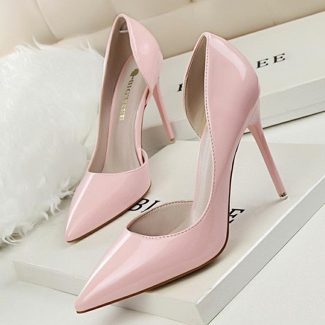New  Women pumps Elegant pointed toe patent leather office lady Shoes Spring Summer High heels Wedding Bridal Shoes