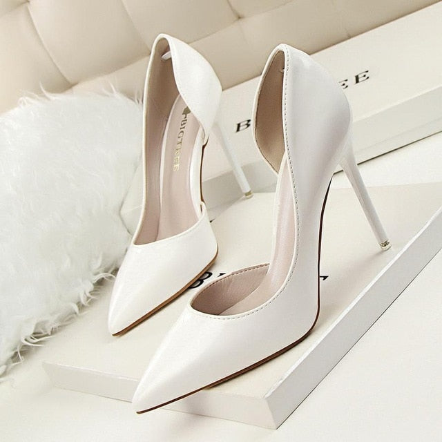 New  Women pumps Elegant pointed toe patent leather office lady Shoes Spring Summer High heels Wedding Bridal Shoes