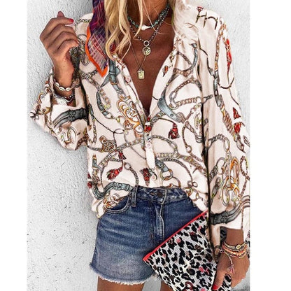 New Design Plus Size Women Blouse V-neck Long Sleeve Chains Print Loose casual Shirts Womens Tops And Blouses