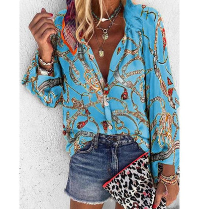New Design Plus Size Women Blouse V-neck Long Sleeve Chains Print Loose casual Shirts Womens Tops And Blouses