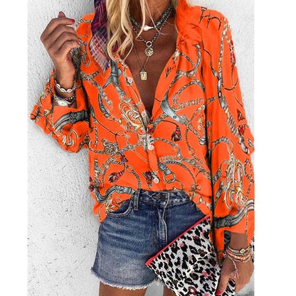 New Design Plus Size Women Blouse V-neck Long Sleeve Chains Print Loose casual Shirts Womens Tops And Blouses