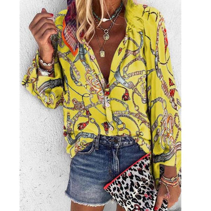 New Design Plus Size Women Blouse V-neck Long Sleeve Chains Print Loose casual Shirts Womens Tops And Blouses