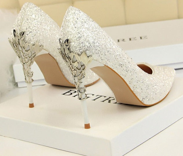 xakxx New Spring Women Pumps High Thin Heels Pointed Toe Metal Decoration Sexy Bling Bridal Wedding Women Shoes Gold High Heels