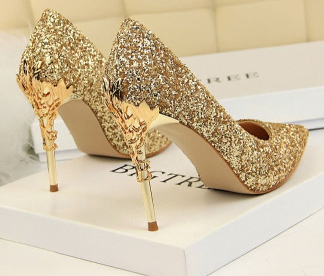 xakxx New Spring Women Pumps High Thin Heels Pointed Toe Metal Decoration Sexy Bling Bridal Wedding Women Shoes Gold High Heels