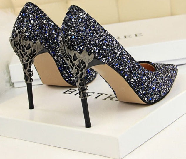 xakxx New Spring Women Pumps High Thin Heels Pointed Toe Metal Decoration Sexy Bling Bridal Wedding Women Shoes Gold High Heels