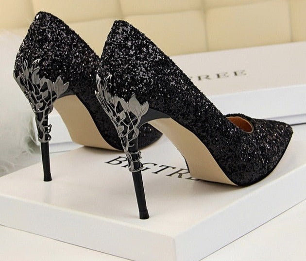 xakxx New Spring Women Pumps High Thin Heels Pointed Toe Metal Decoration Sexy Bling Bridal Wedding Women Shoes Gold High Heels