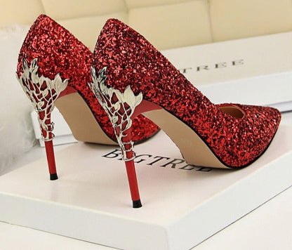 xakxx New Spring Women Pumps High Thin Heels Pointed Toe Metal Decoration Sexy Bling Bridal Wedding Women Shoes Gold High Heels