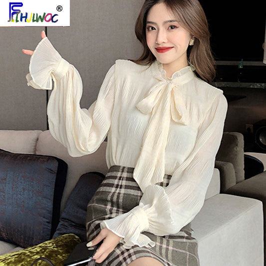 Bow Tie Tops Women Korean Style Design Clothes Flare Sleeve Elegant Office Lady Cute Ribbon Sweet Basic Shirts Blouses 1627