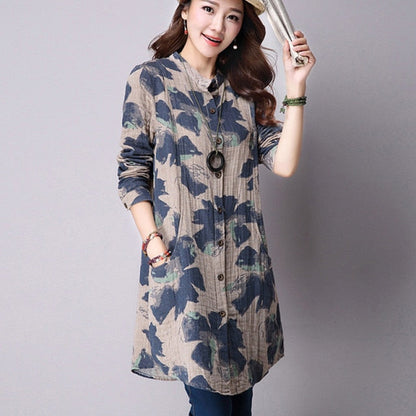 xakxx xakxx Spring New Fashion Floral Print Cotton Linen Blouses Casual Long Sleeve Shirt Women  Top With Pockets