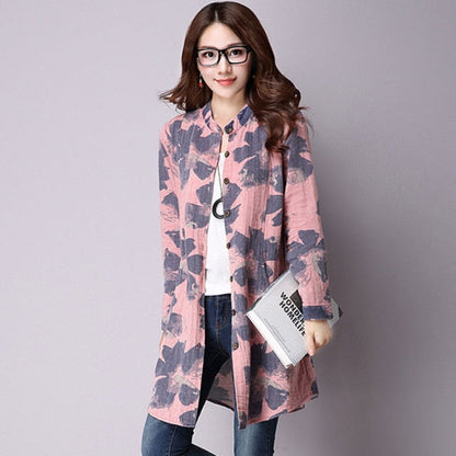 xakxx xakxx Spring New Fashion Floral Print Cotton Linen Blouses Casual Long Sleeve Shirt Women  Top With Pockets