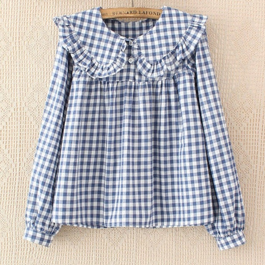 xakxx Women Plaid Shirt Long Sleeve Spring Summer Tops Ladies Japanese Mori Girl Peter pan Collar Cute Baby doll Cotton White Blouses