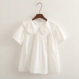 xakxx Women Plaid Shirt Long Sleeve Spring Summer Tops Ladies Japanese Mori Girl Peter pan Collar Cute Baby doll Cotton White Blouses