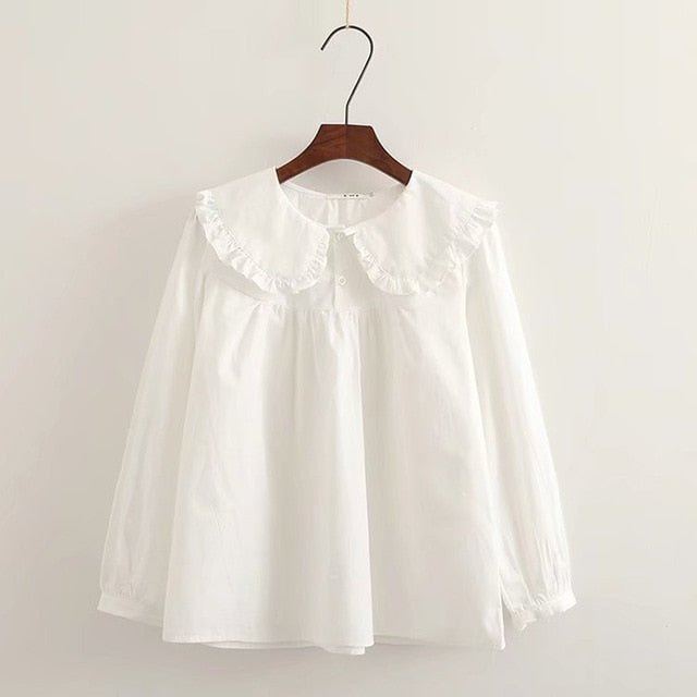xakxx Women Plaid Shirt Long Sleeve Spring Summer Tops Ladies Japanese Mori Girl Peter pan Collar Cute Baby doll Cotton White Blouses