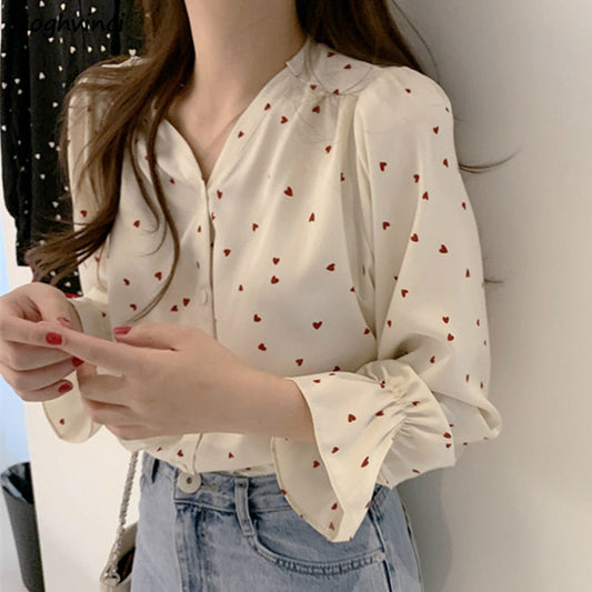Blouses Women Long Flare Sleeve V-neck Sexy Printed Sweet Elegant Chiffon Women Shirts Plus Size 2XL Loose Retro Chic Stylish BF