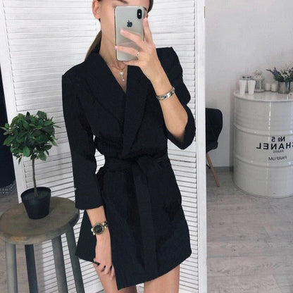 Women Vintage Sashes A-line Party Mini Dress Long Sleeve Notched Collar Solid Casual Elegant Dress  Autumn New Fashion Dress