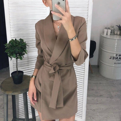 Women Vintage Sashes A-line Party Mini Dress Long Sleeve Notched Collar Solid Casual Elegant Dress  Autumn New Fashion Dress