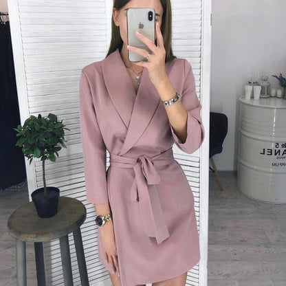 Women Vintage Sashes A-line Party Mini Dress Long Sleeve Notched Collar Solid Casual Elegant Dress  Autumn New Fashion Dress