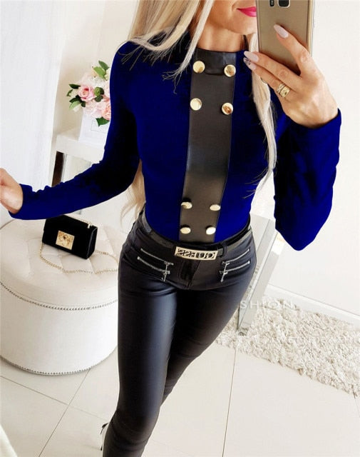Elegant Women T-Shirts for Streetwear Patchwork Design Button Decor O-Neck Long Sleeve Solid Autumn Winter Slim Pullovers Top