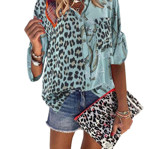 xakxx xakxx Women Blouse  Sping  Tops  Turn-down Collar Long Sleeve Leopard Shirt Loose Plus Size Clothing For Women Ladies Blouses