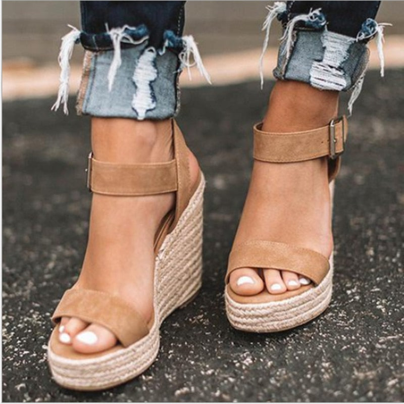 xakxx Women's sandals summer new sandals women's large size spot wedge buckle belt European  American open toe high heel women's shoes