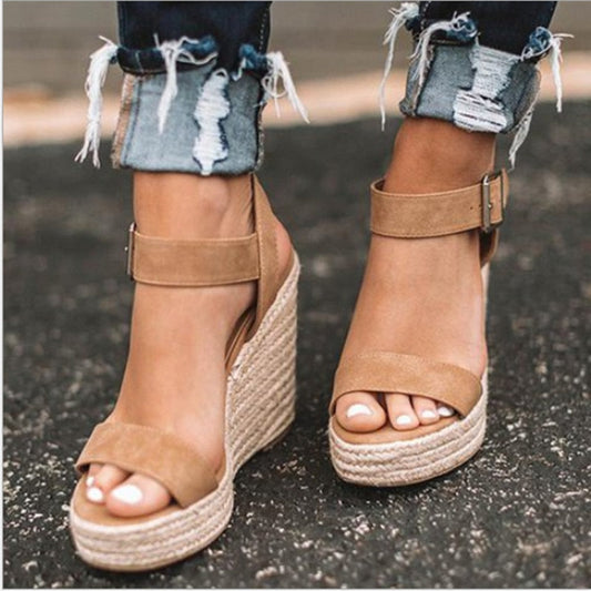 xakxx Women's sandals summer new sandals women's large size spot wedge buckle belt European  American open toe high heel women's shoes