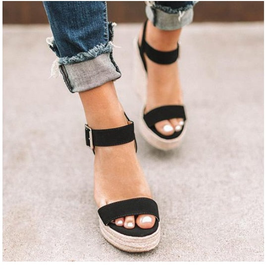 xakxx Women's sandals summer new sandals women's large size spot wedge buckle belt European  American open toe high heel women's shoes