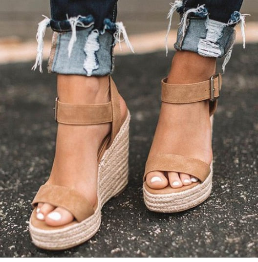 xakxx Women's sandals summer new sandals women's large size spot wedge buckle belt European  American open toe high heel women's shoes