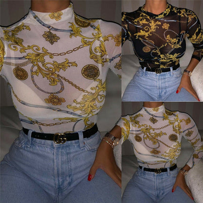 xakxx Women Mesh Sheer See Through Print Shirt Blouses Outwear Turtleneck Long Sleeve Tops Transparent Slim Shirt Bodycon Club Blouse