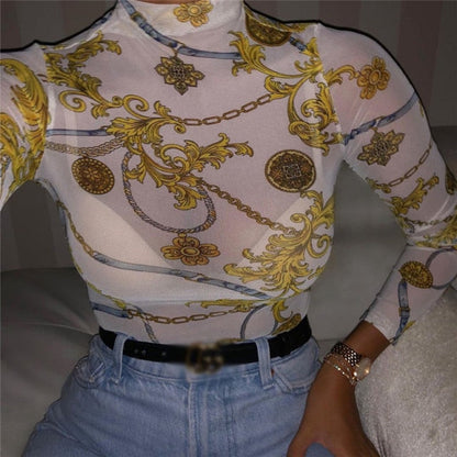 xakxx Women Mesh Sheer See Through Print Shirt Blouses Outwear Turtleneck Long Sleeve Tops Transparent Slim Shirt Bodycon Club Blouse