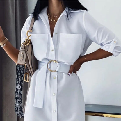 Women Vintage Front Pockets Sashes A-line Dress Three Quarter Sleeve Turn Down Collar Solid Elegant Dress  Autumn Dress