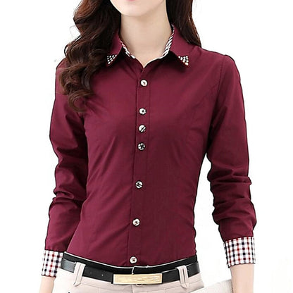 xakxx  Autumn Spring OL Womens Shirt Patchwork Plaid Ladies Office Shirts Basic Top Blusas Women Blouses Shirt Camisas Femininas