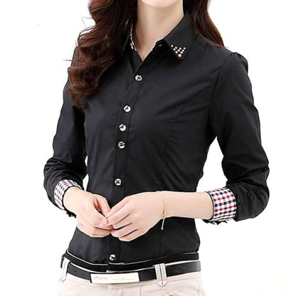 xakxx  Autumn Spring OL Womens Shirt Patchwork Plaid Ladies Office Shirts Basic Top Blusas Women Blouses Shirt Camisas Femininas