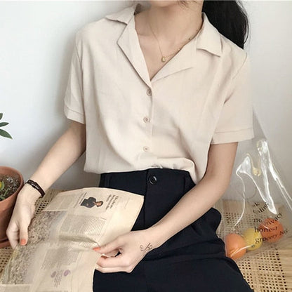 xakxx Summer Blouse Shirt For Women Fashion Short Sleeve V Neck Casual Office Lady White Shirts Tops Japan Korean Style