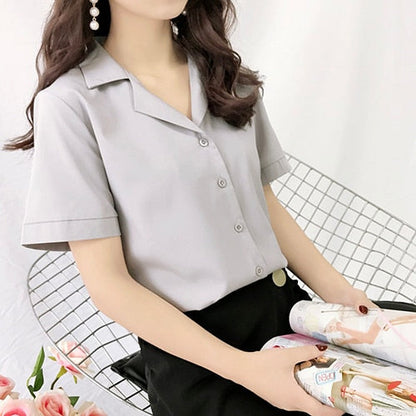 xakxx Summer Blouse Shirt For Women Fashion Short Sleeve V Neck Casual Office Lady White Shirts Tops Japan Korean Style