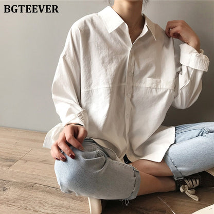 Minimalist Loose White Shirts for Women Turn-down Collar Solid Female Shirts Tops  Spring Summer Blouses
