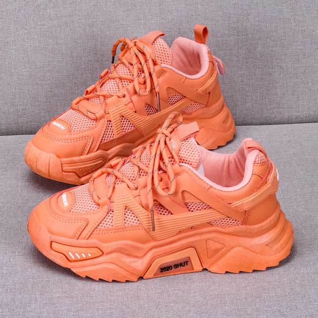xakxx Sneakers Fashion Women Shoes Blue Orange Mesh Casual Shoes Woman Trainers Lace-Up Platform Sneakers Women Vulcanize Shoes
