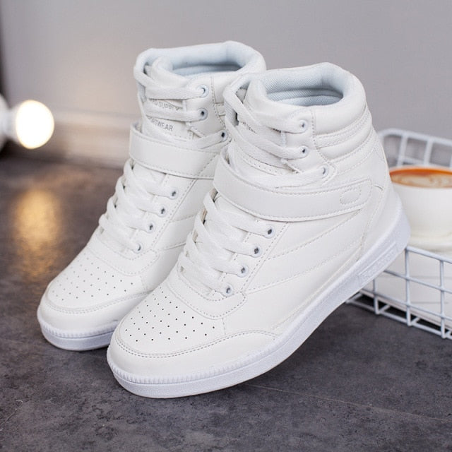 Women Casual Shoes Espadrilles Platform Hidden Increasing Sneakers PU Leather Shoes Woman High Top White Shoes ST213