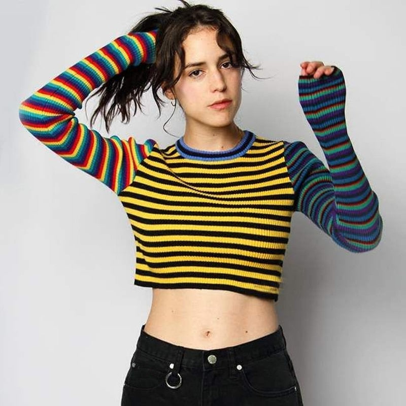 Digit Top Contrast Long Sleeve Ribbed Striped Crop Top Women T-Shirts Alt Girl Outfit /