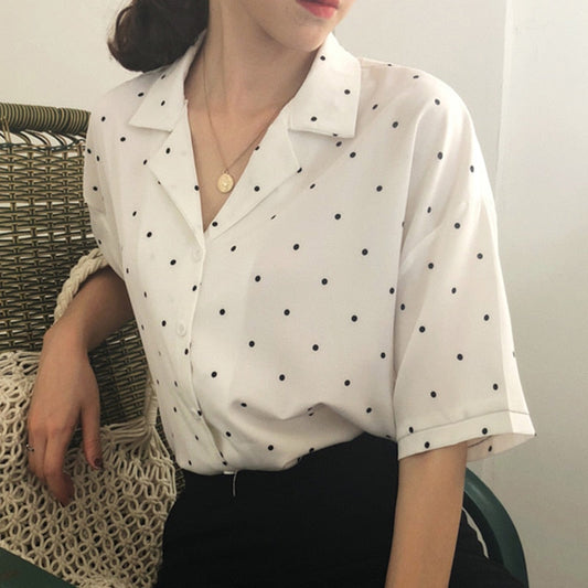 xakxx Women Blouse Polka Dot Shirt Summer Short Sleeve V Neck Casual Elegant Print Tops Female Clothing White Shirts