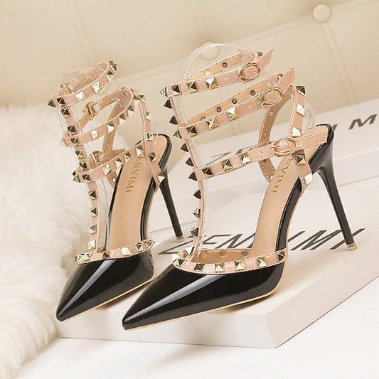 Roman fashion rivet sandals 10CM PUMPS Woman shoes Sexy nightclub stiletto heels patent-leather metallic rivet hollow