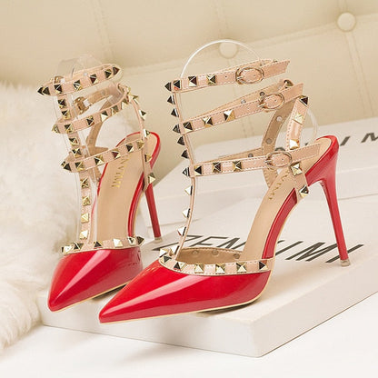 Roman fashion rivet sandals 10CM PUMPS Woman shoes Sexy nightclub stiletto heels patent-leather metallic rivet hollow