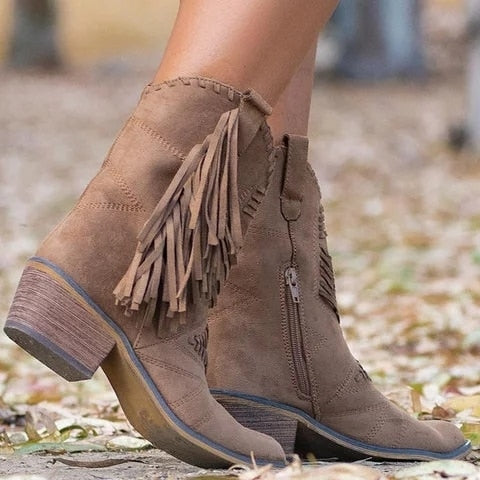 xakxx Nice New Boho Flock Leather Women Boots Fringe Flat Heels Woman Med High Solid Boots Woman Tassel Botas Mujer Botte Femme AB862