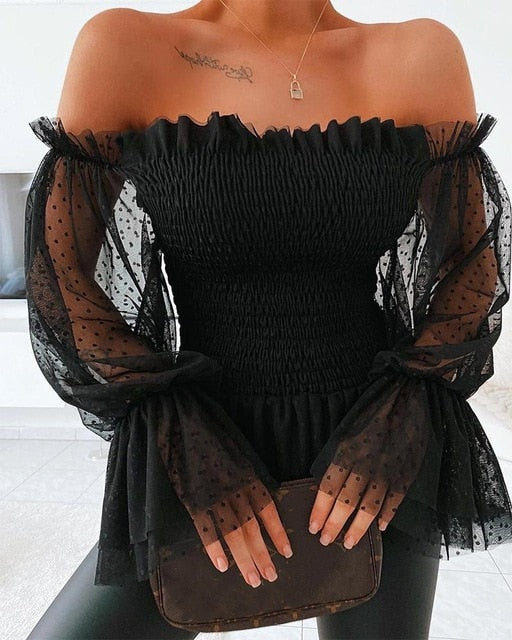 wsevypo New Sexy Off Shoulder Blouse Women Mesh Flare Sleeve Shirts Summer Fashion Sheer Long Sleeve Lace Frill Blouser Tops